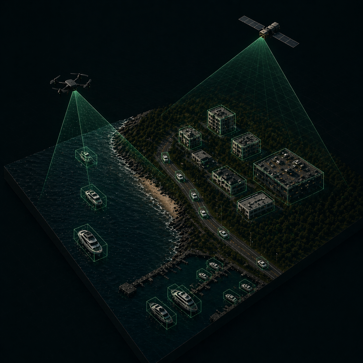 Isometric diorama of a coastal scene under observation — drone and satellite sensor cones projecting onto buildings, vehicles, and boats, with detection markers highlighting targets