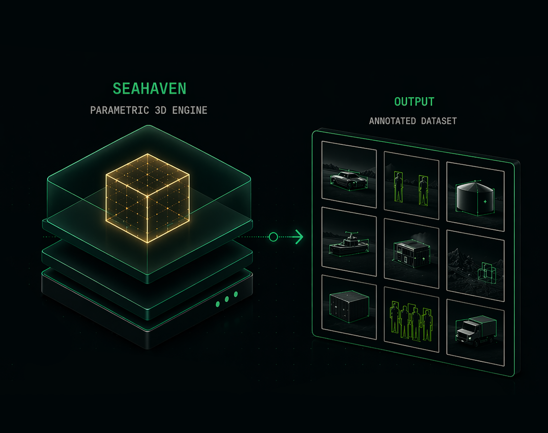 Seahaven parametric 3D engine — a single input asset transformed into an annotated output dataset with multiple modalities