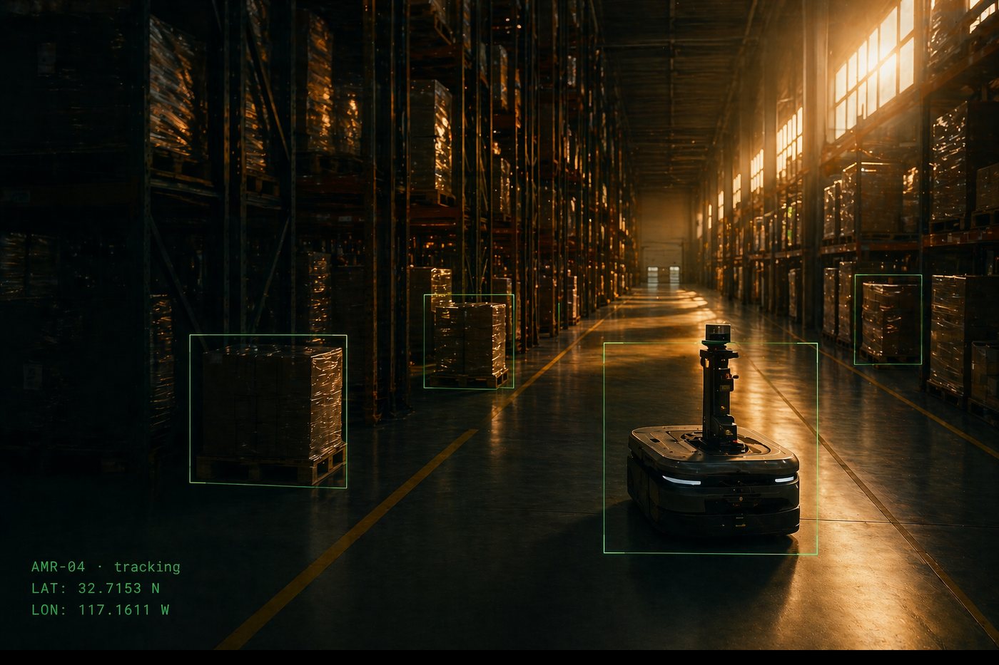 Automated warehouse interior at golden hour with an autonomous mobile robot on the aisle floor, detection boxes on the robot and a pallet
